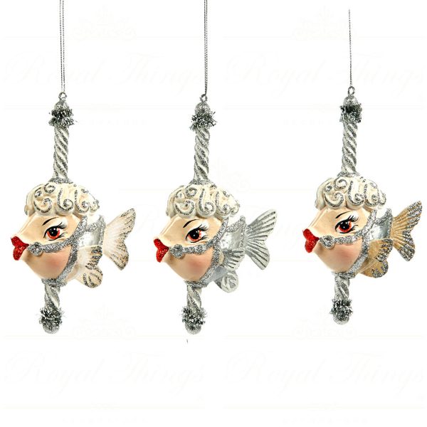 B 30311 Goodwill Christmas Ornaments Winter Carousel Fish Ornament White Silver Brown