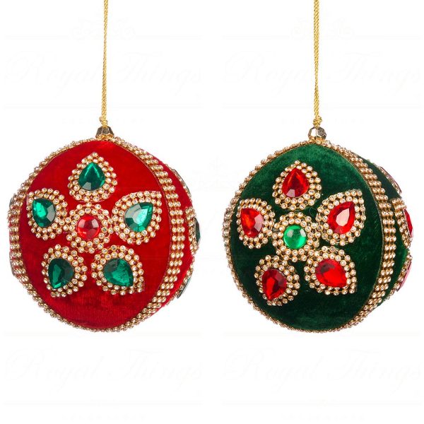 L 36624 Goodwill Christmas Balls Fabric Jewel Flower Ball Red Green Gold