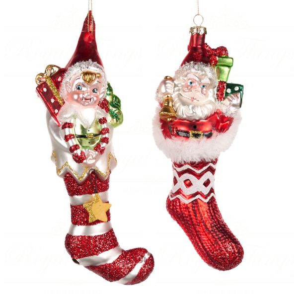 Goodwill Christmas Glass Ornament Santa Elf In Stocking Red White Green Gold Tr 20552